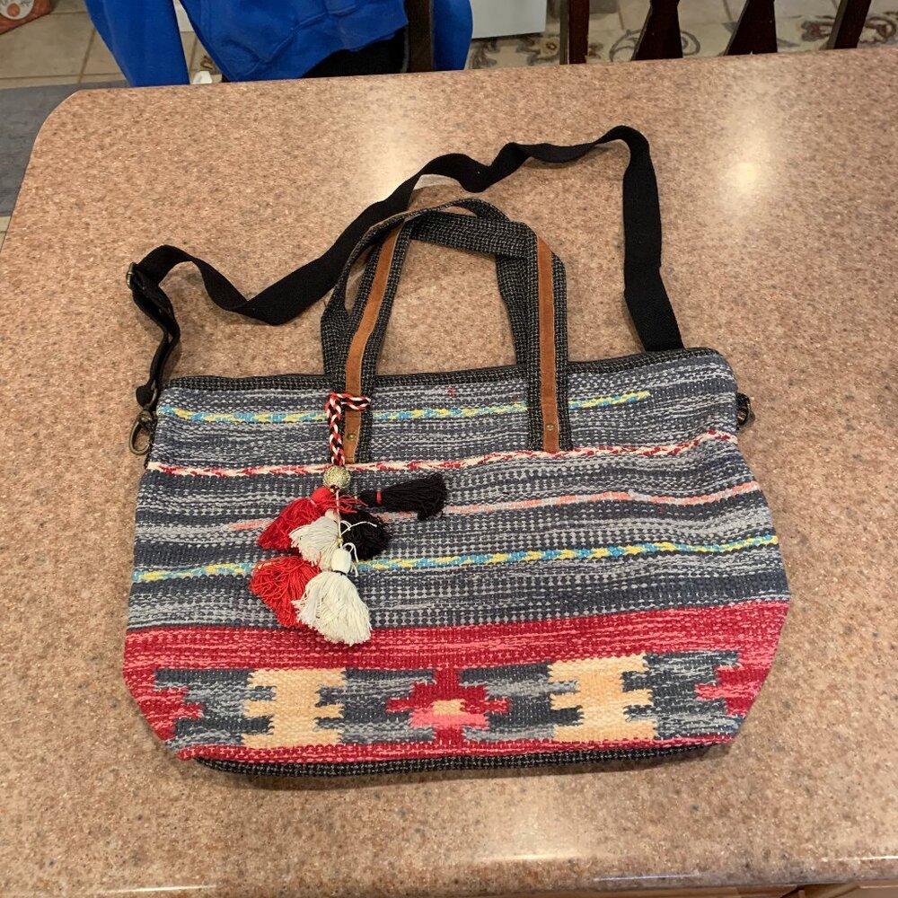 Lovestitch Denim Blue multicolor woven canvas Tote NEW